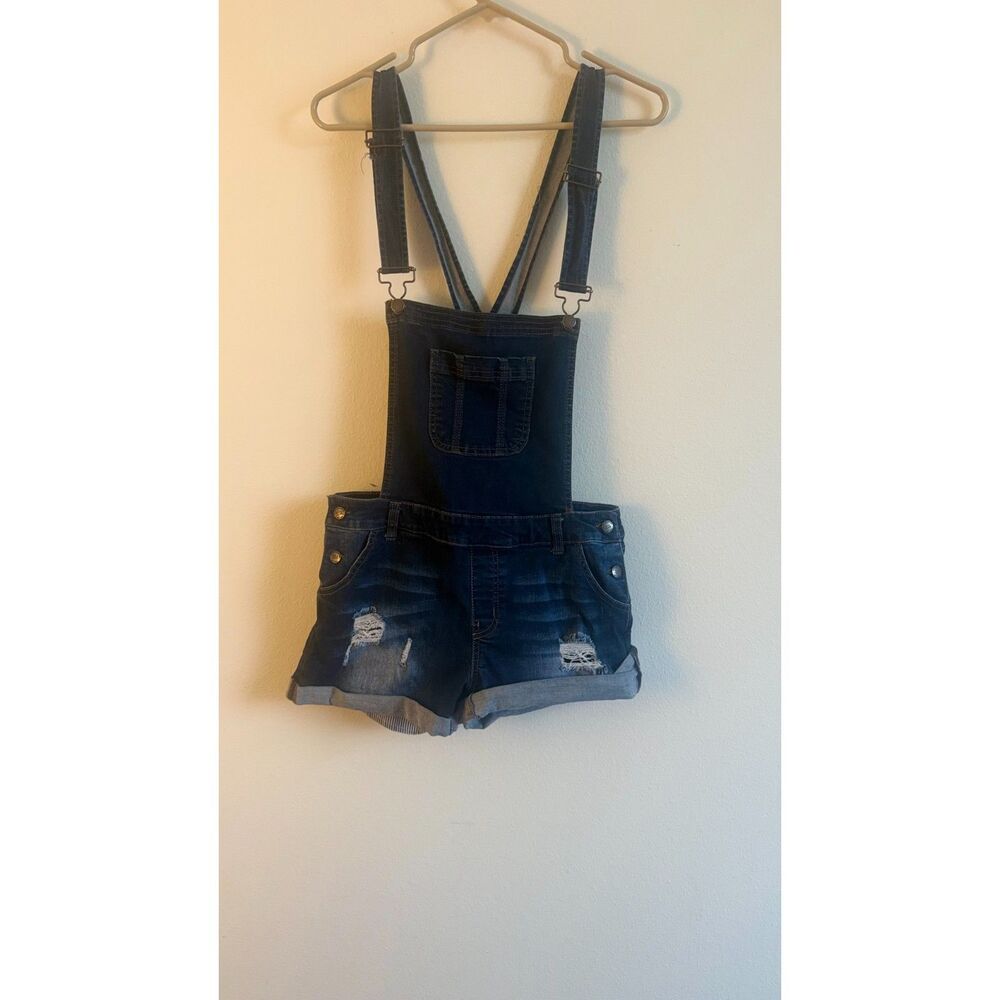 Wax Jean Women’s Large Denim Shortalls Distressed Cuffed Overall Shorts